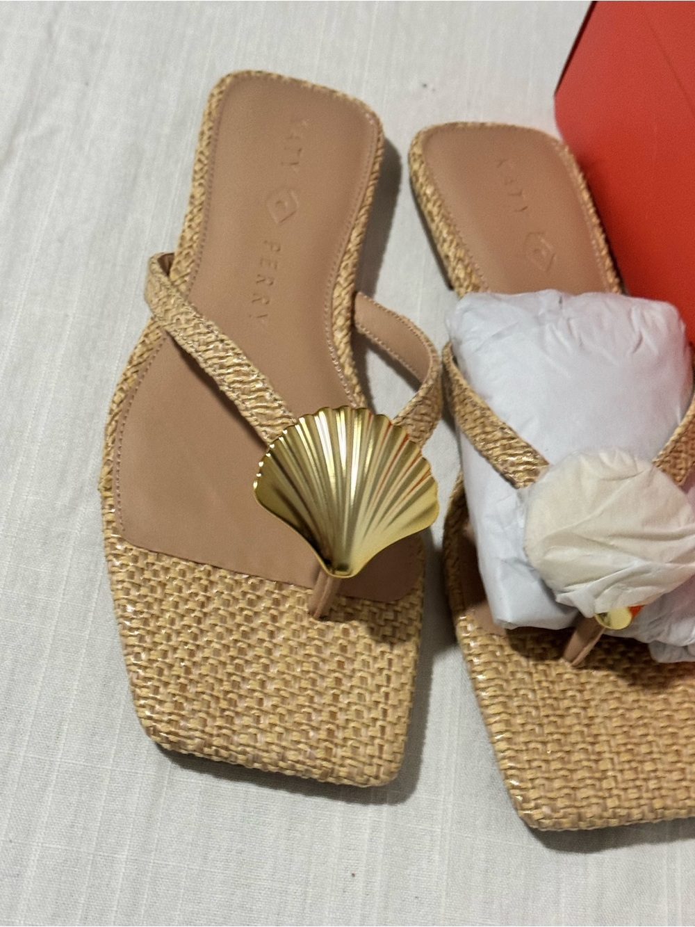 Katy Perry Collections Tan Woven Slide Sandals with Gold Shell Charm - Picture 2 of 4